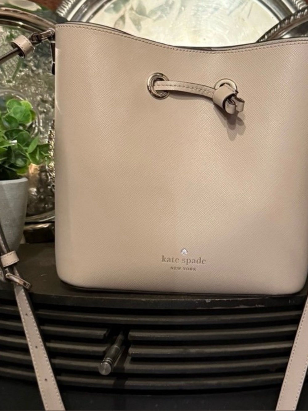 kate spade Small Saffiano Leather Drawstring Crossbody in Light Taupe